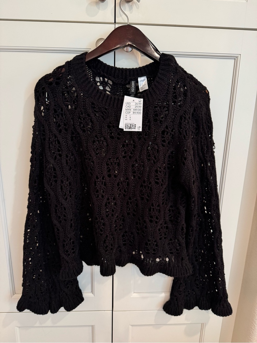 H&M Crochet Knit Flare Sleeve Sweater Black Large NWT